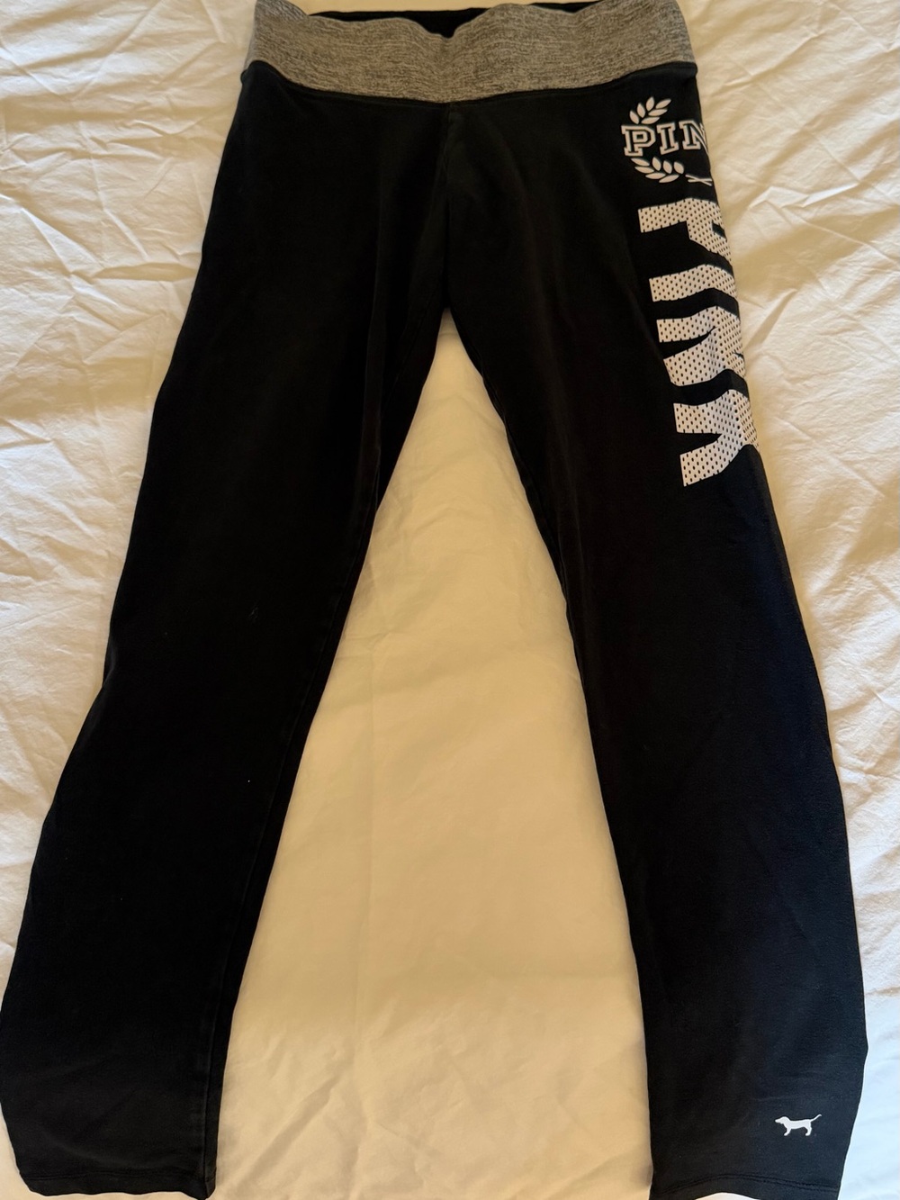 Victoria's Secret Black Leggings with Gray Waistband and White Logo